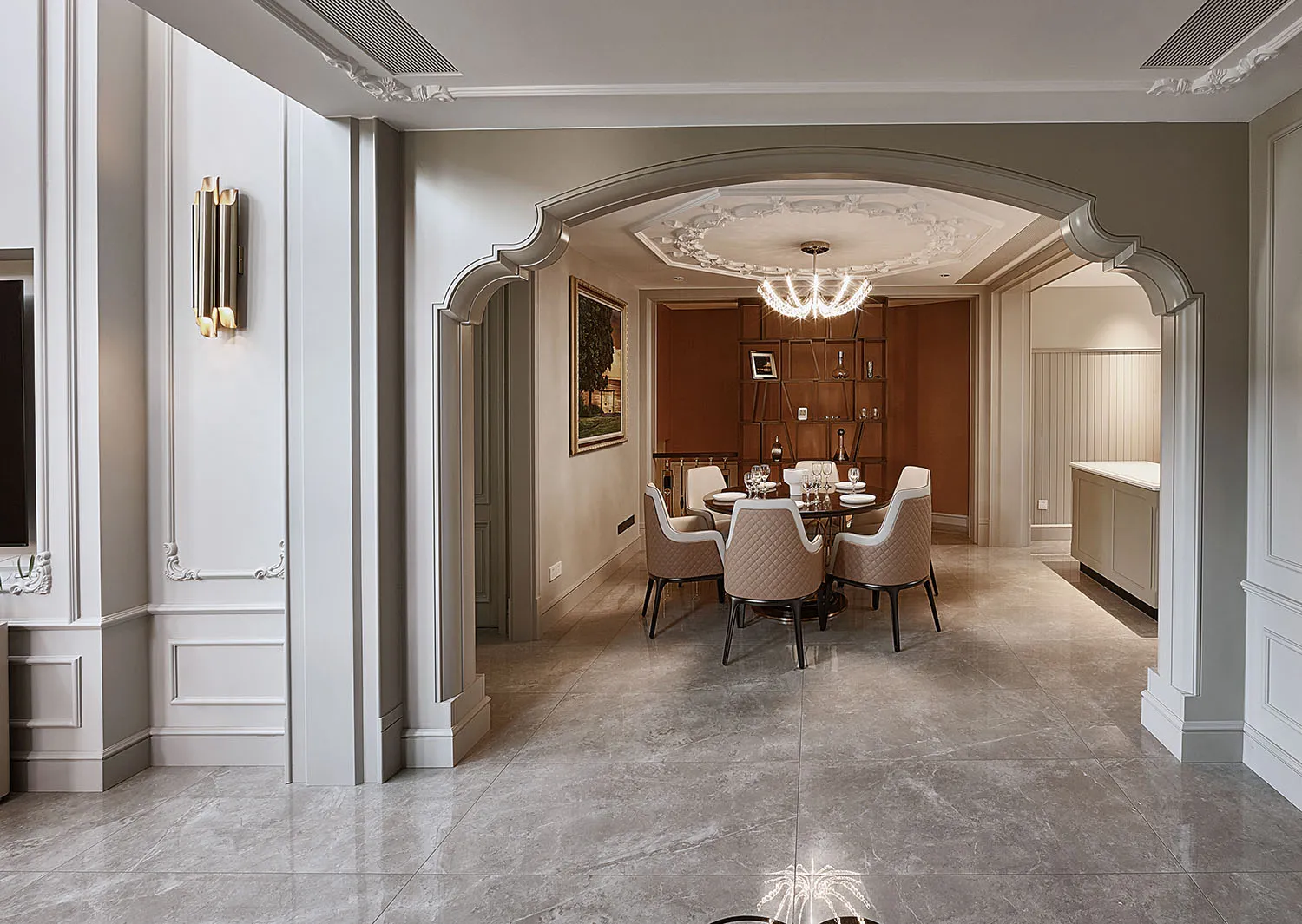 Modern dining room with marble floor, chairs, and table.