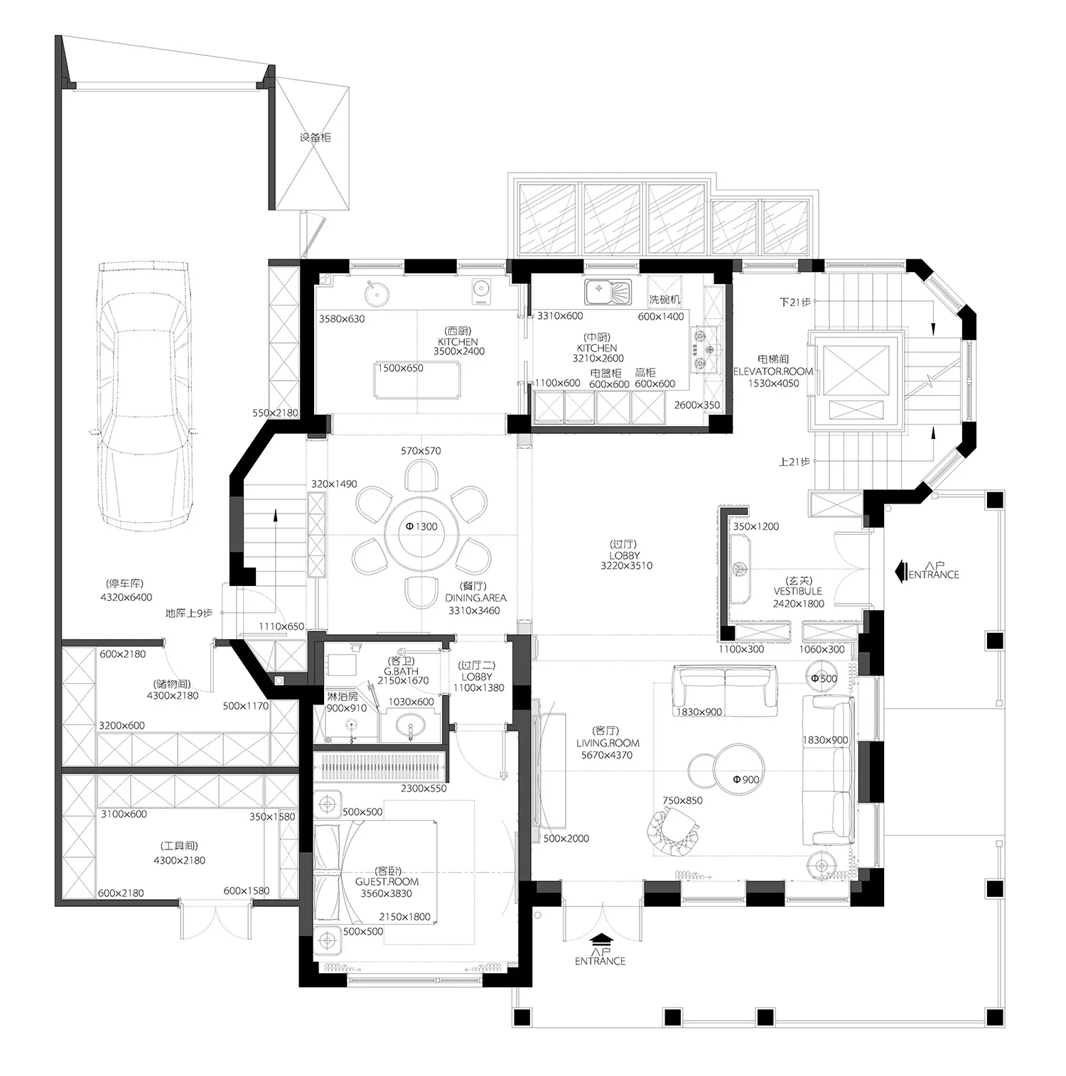 An image of a modern house plan in a black-and-white layout.