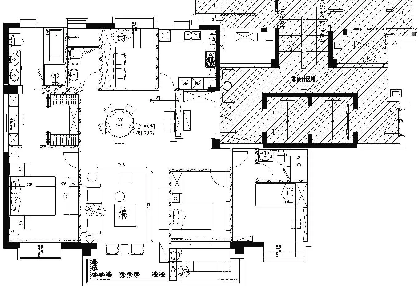現代住宅平面圖的詳細2D建築繪圖