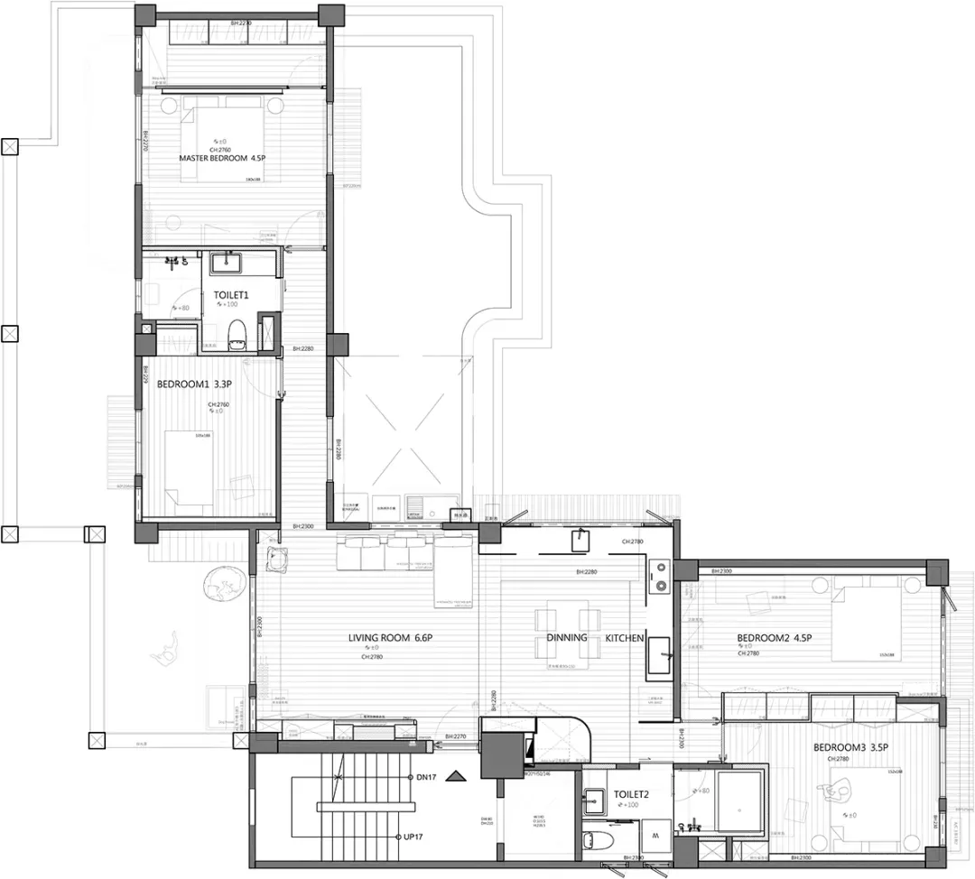 A minimalist residential space floor plan featuring wood, concrete, and glass materials.