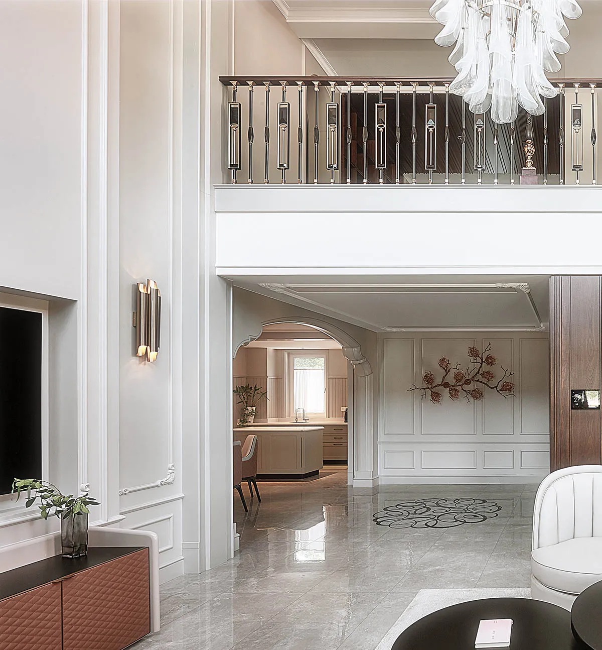Luxurious interior design featuring modern furniture, marble flooring, and minimalist decor.