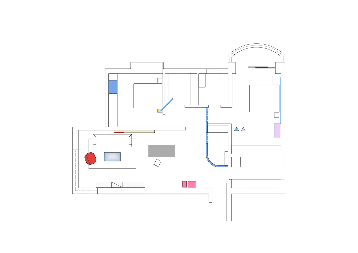 Floor plan of a modern residential apartment featuring contemporary design elements such as concrete walls, wooden flooring,