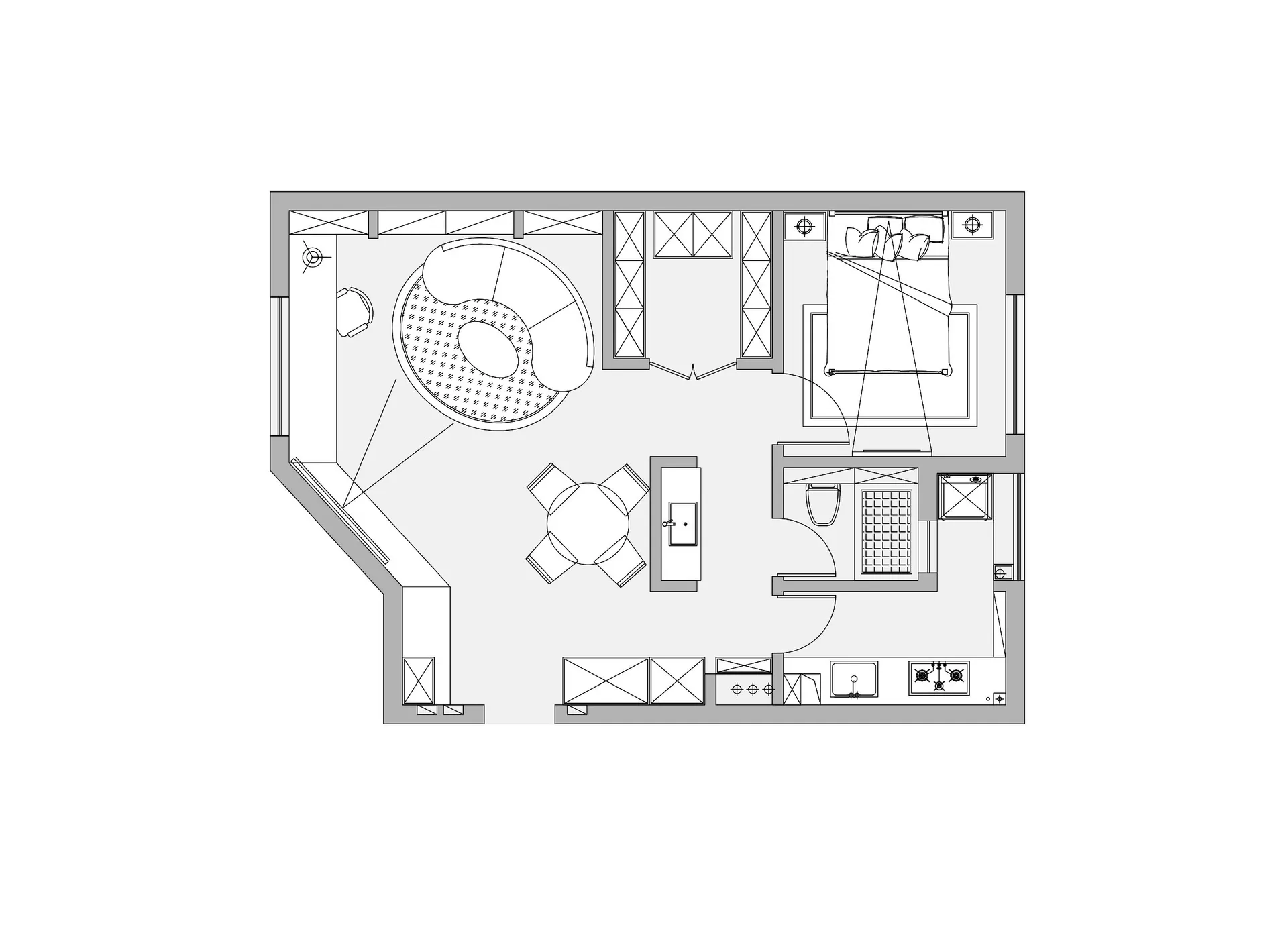 2D technical drawing of a modern residential apartment layout