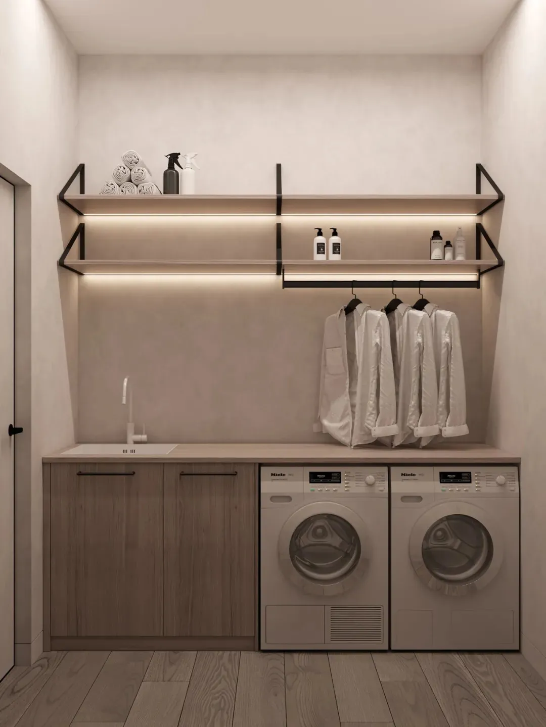 Modern laundry room with wood cabinets, shelves, and washing machines.