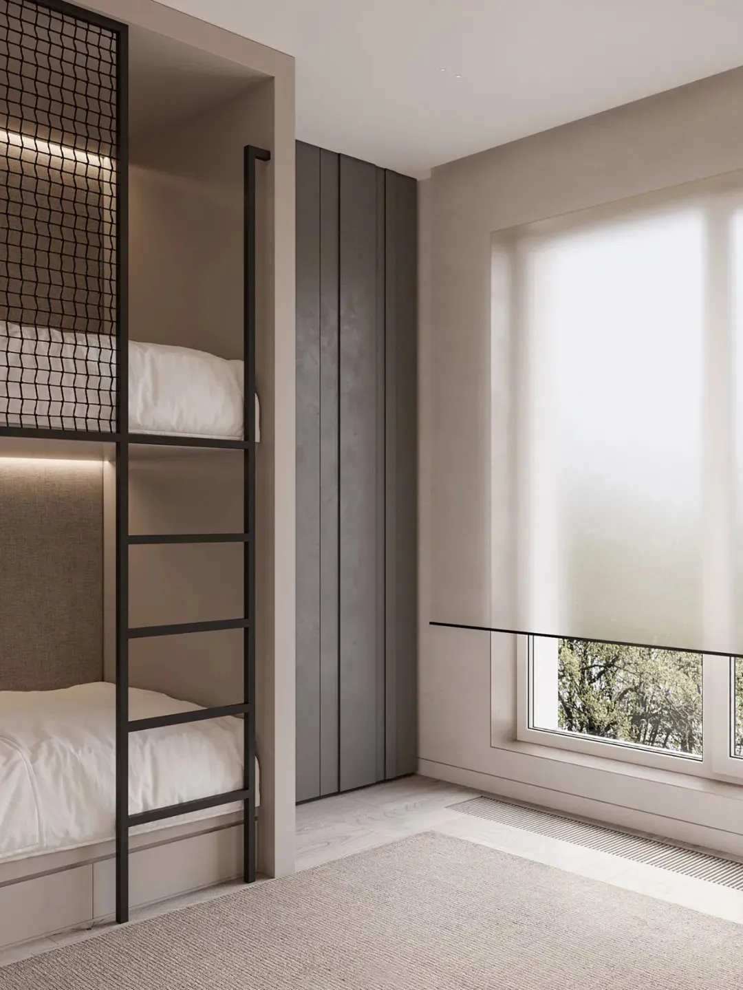 Modern minimalist bedroom with black frame bunk beds and a large window.