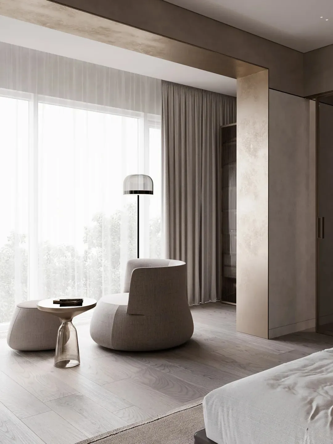 A modern minimalist bedroom with a white bed, beige armchair, and a white floor lamp.