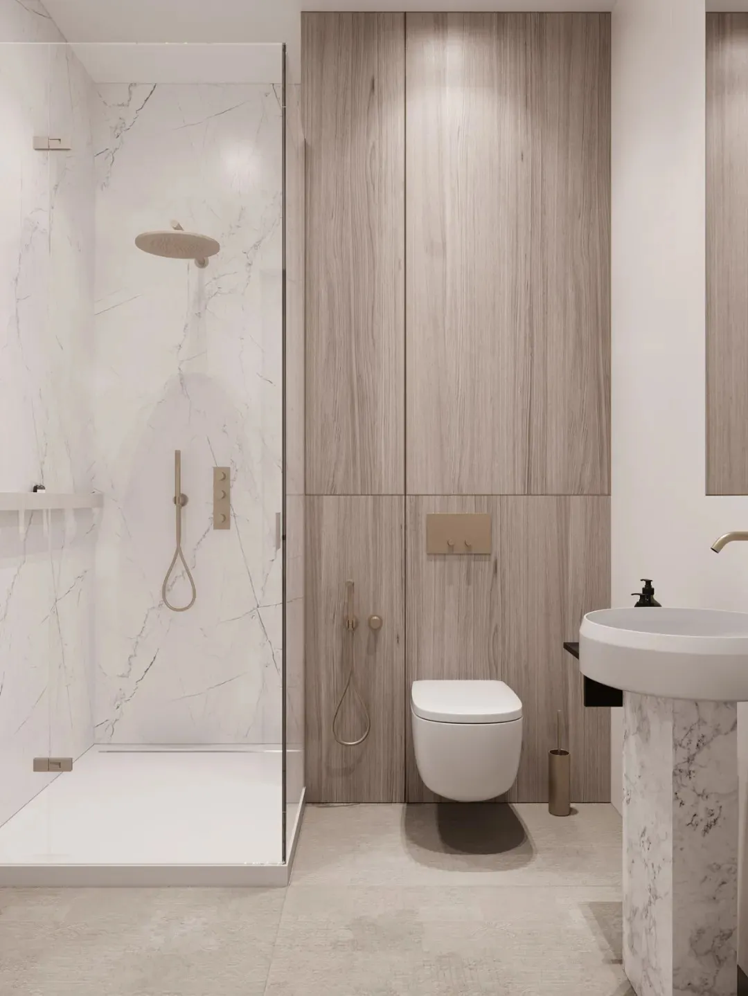 Modern bathroom featuring marble walls and floor, a glass shower enclosure, a wall-mounted toilet, and a freestanding sink.