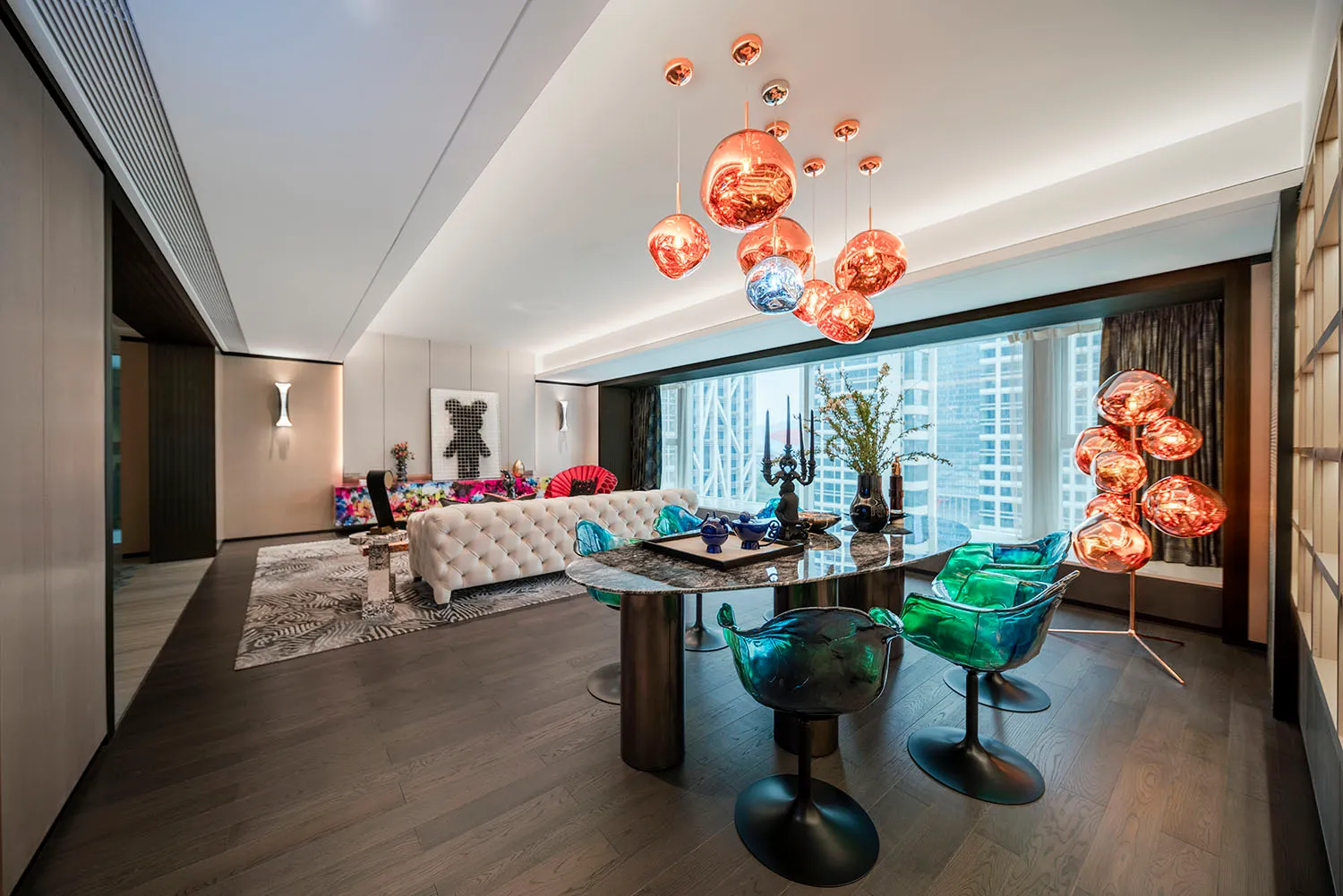 Modern living room featuring a combination of materials and contemporary design elements.