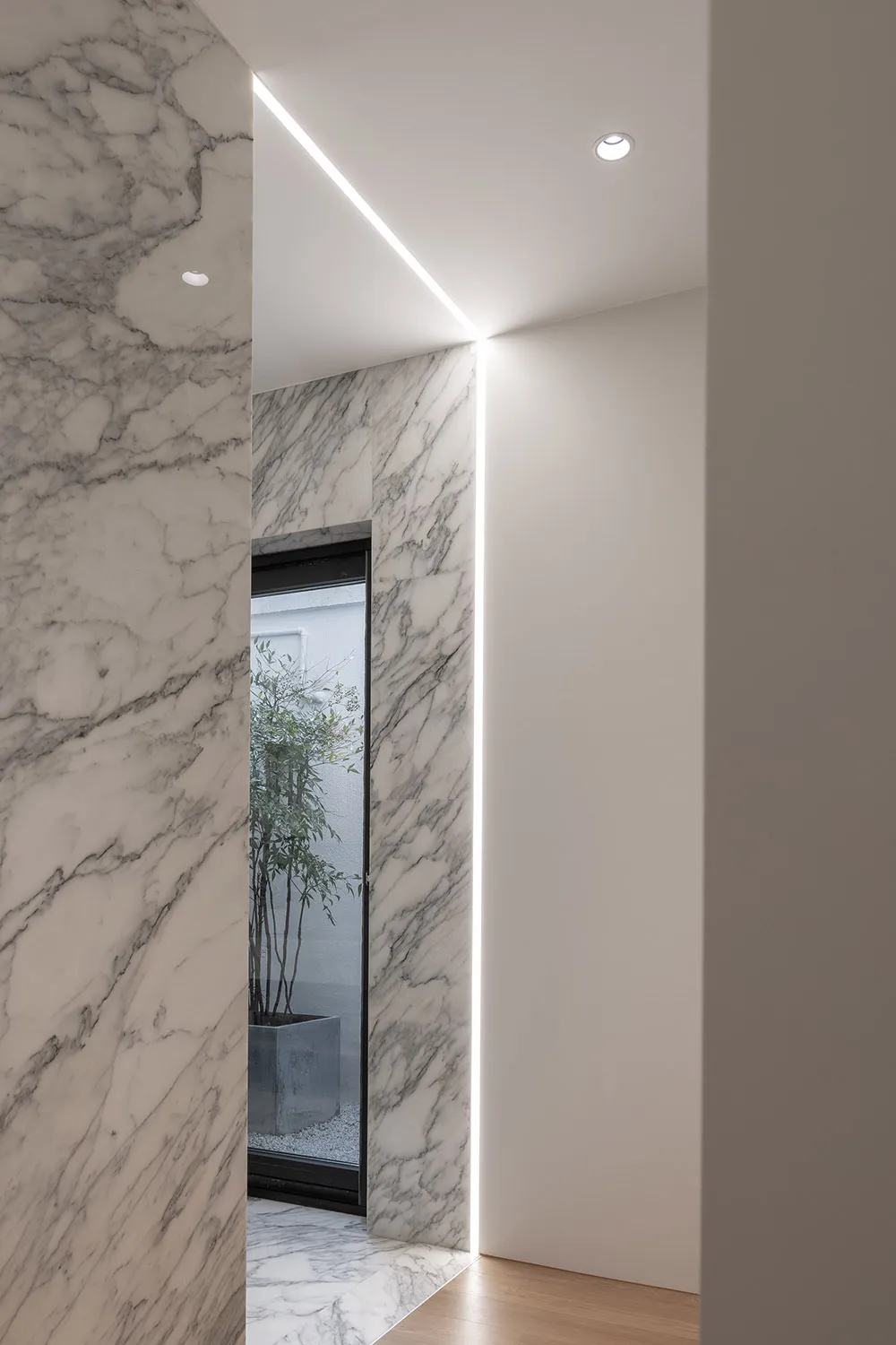Modern marble entrance hall with linear lighting and a potted plant.