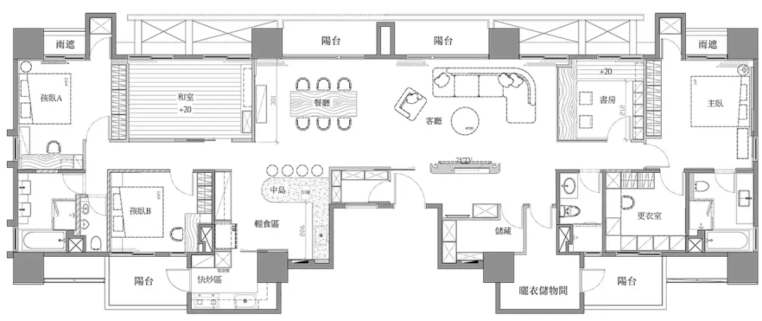 現代客廳燈光設計佈局與平面圖。