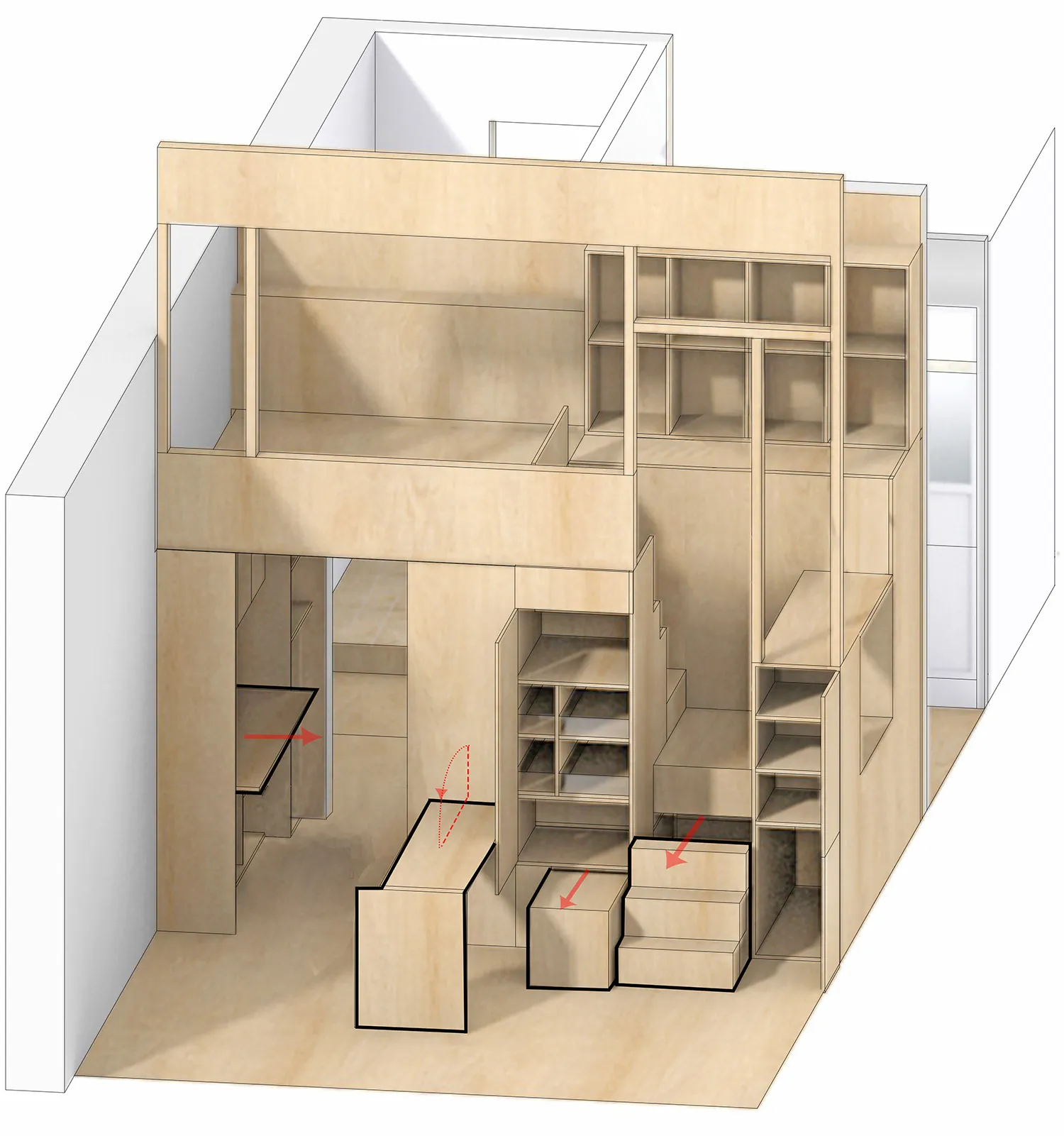 An architectural rendering of a multi-story loft with wooden elements.