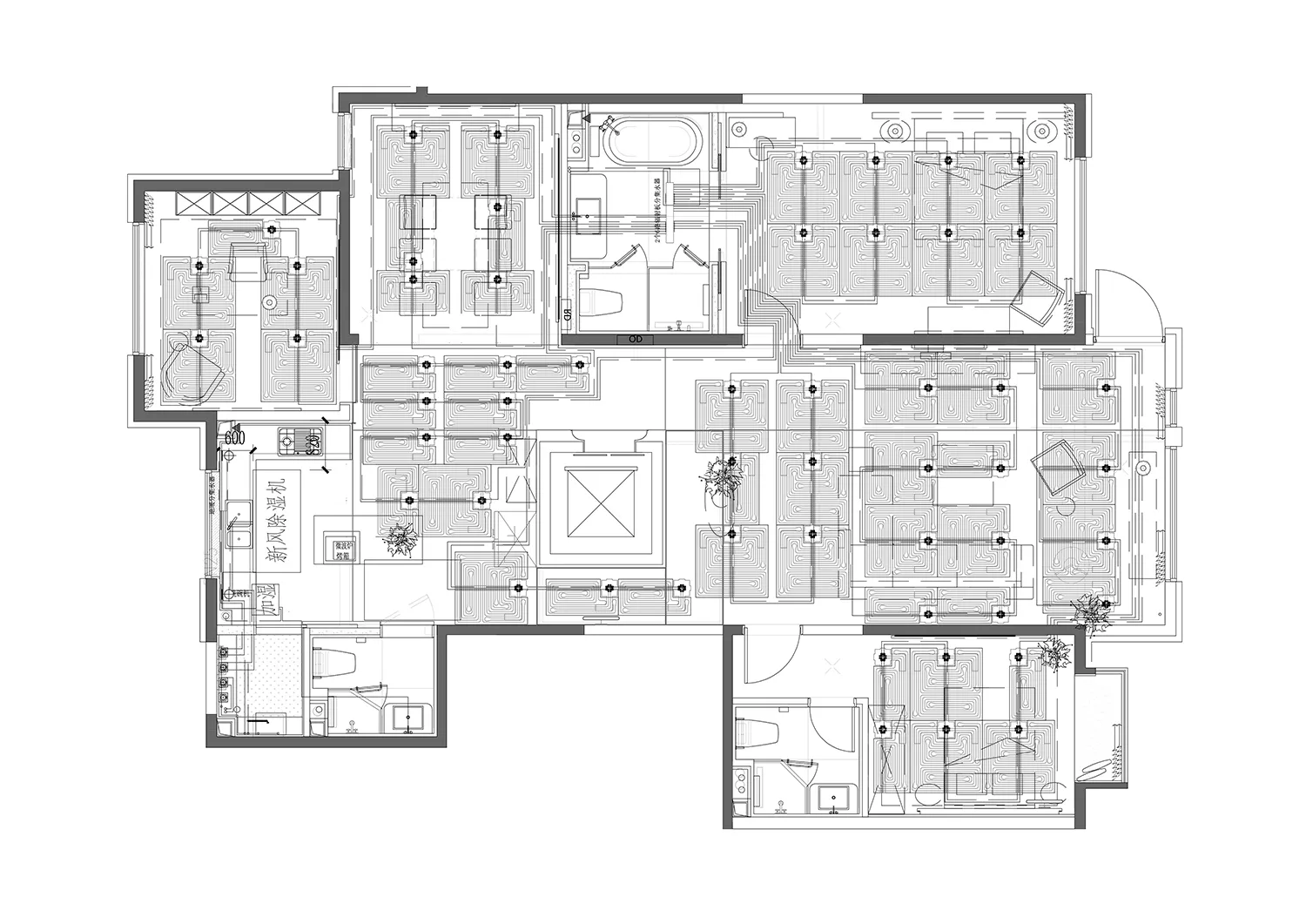 Floor plan of a modern kitchen with appliances and cabinets