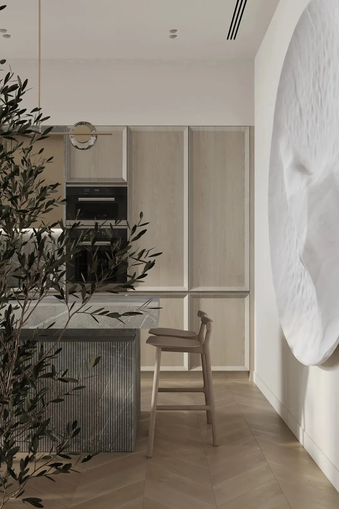 A modern minimalist kitchen with a white color scheme, featuring wood cabinets and a marble countertop. Includes a bar stool