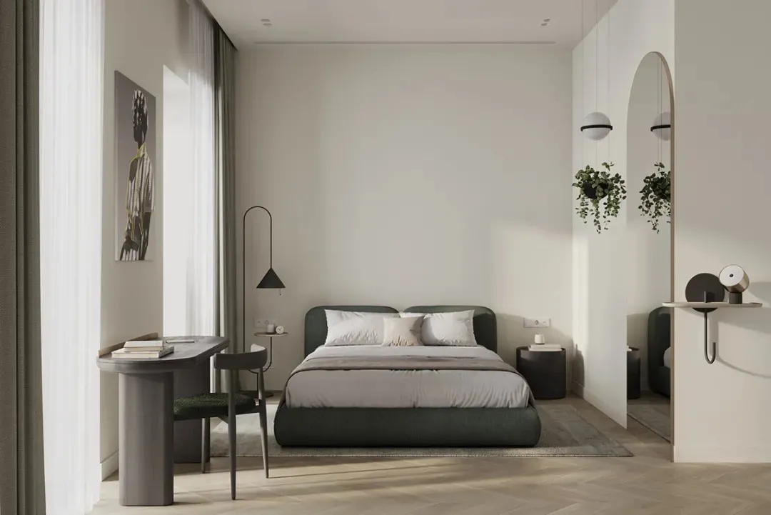 A minimalist bedroom designed with textured fabric bedding, featuring a sleek desk, modern floor lamp, and a cozy ambiance.