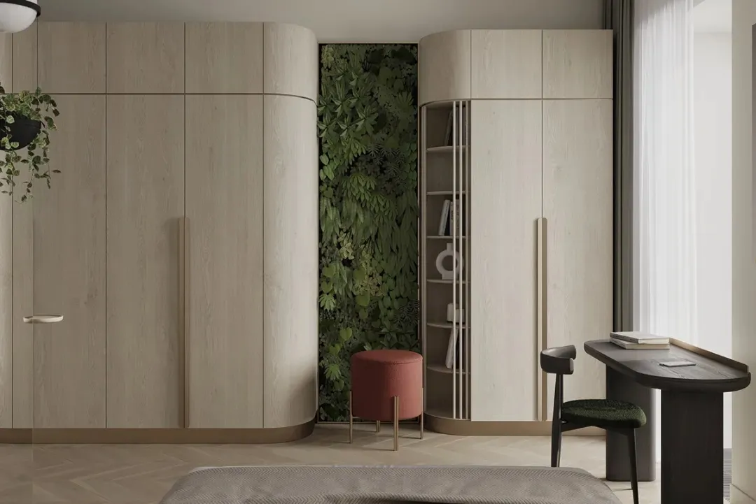 A modern bedroom with wooden cabinets, greenery, and a desk.