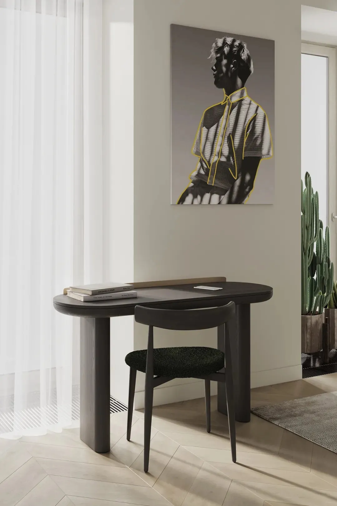 A stylish minimalist desk setup featuring a wooden desk and chair in a contemporary room with a large window and a cactus pla