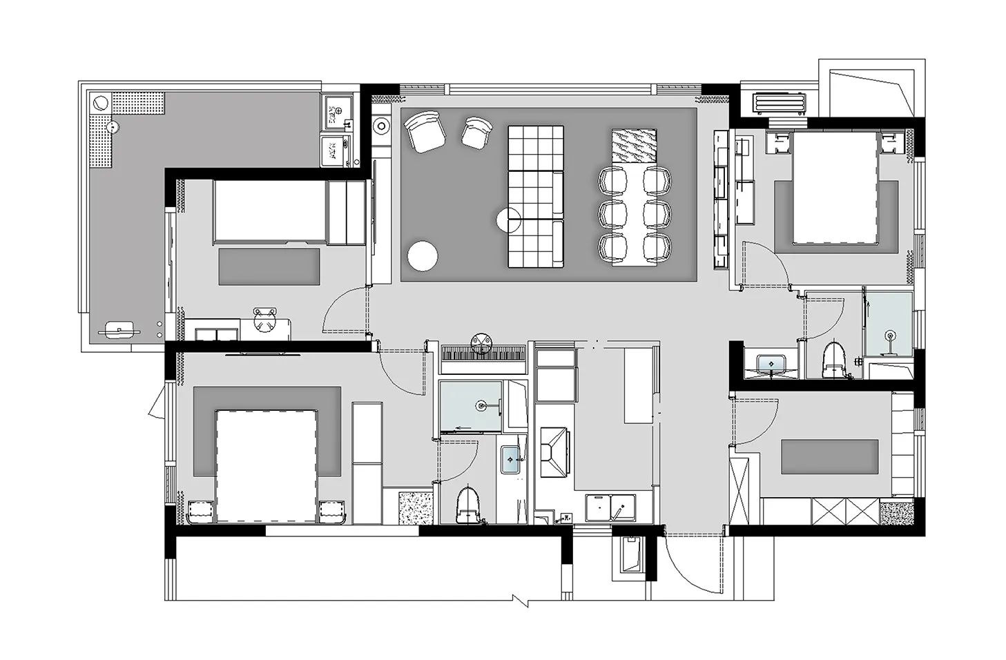 A modern residential floor plan showing a living area, kitchen, bathrooms, bedrooms, and a patio.