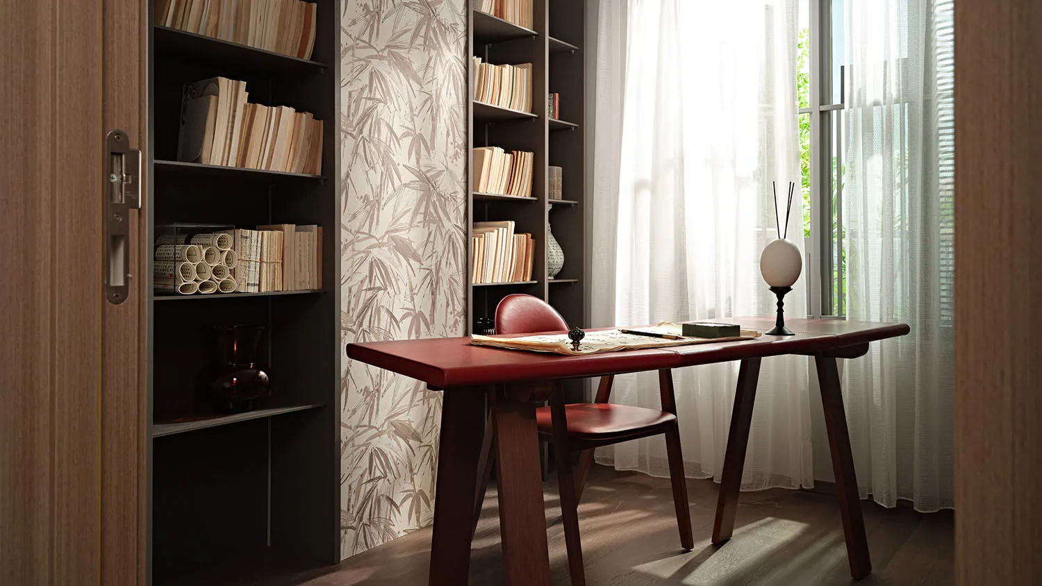 A contemporary home office featuring a wooden desk and chair, surrounded by bookshelves filled with books and decorative item