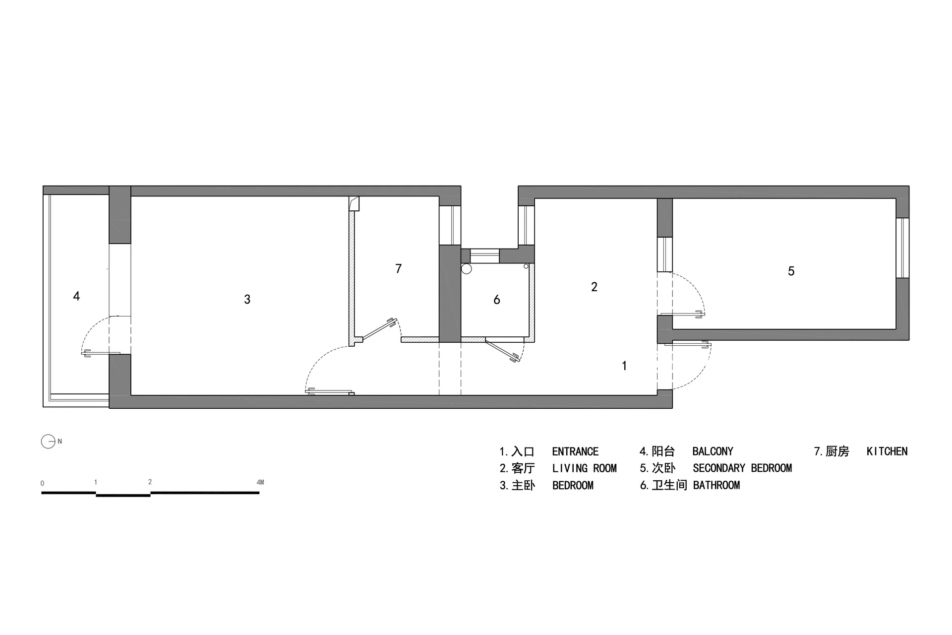 Modern kitchen layout with open space, kitchen and dining areas.