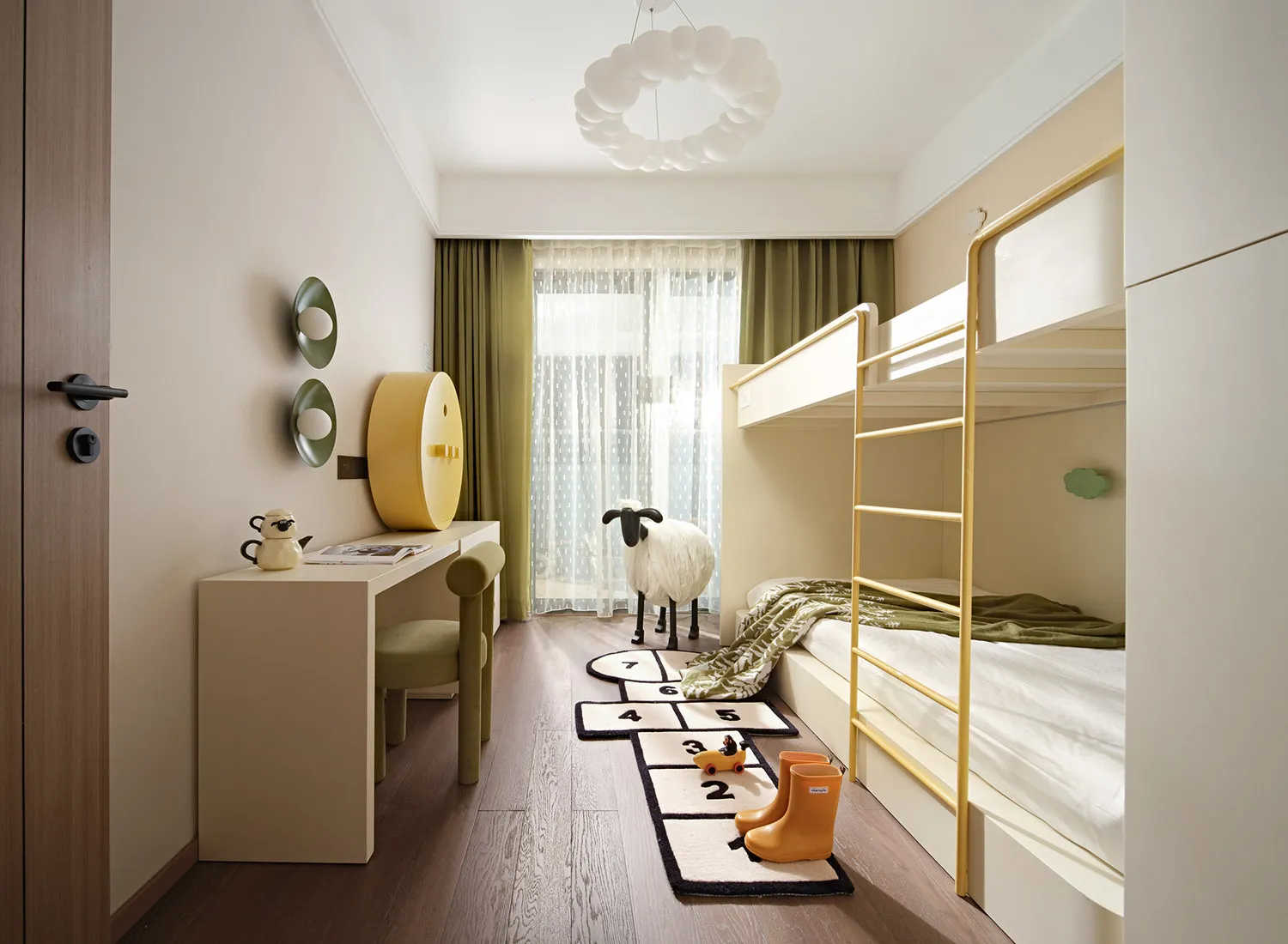 Modern minimalist bedroom with bunk beds, green curtains, and a yellow kickspace.