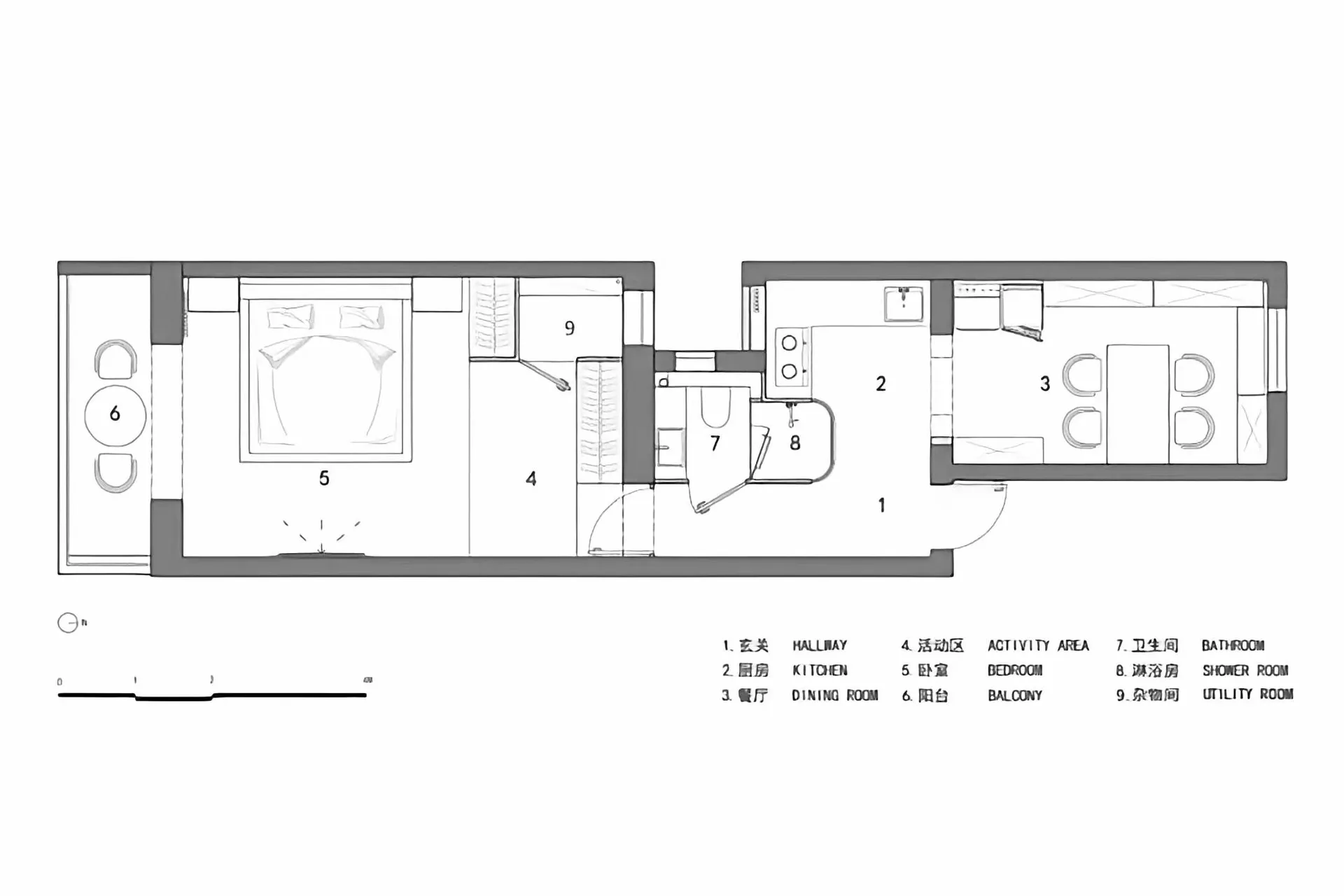 Modern apartment layout floor plan with kitchen, dining area, living room, bedrooms, and bathrooms.