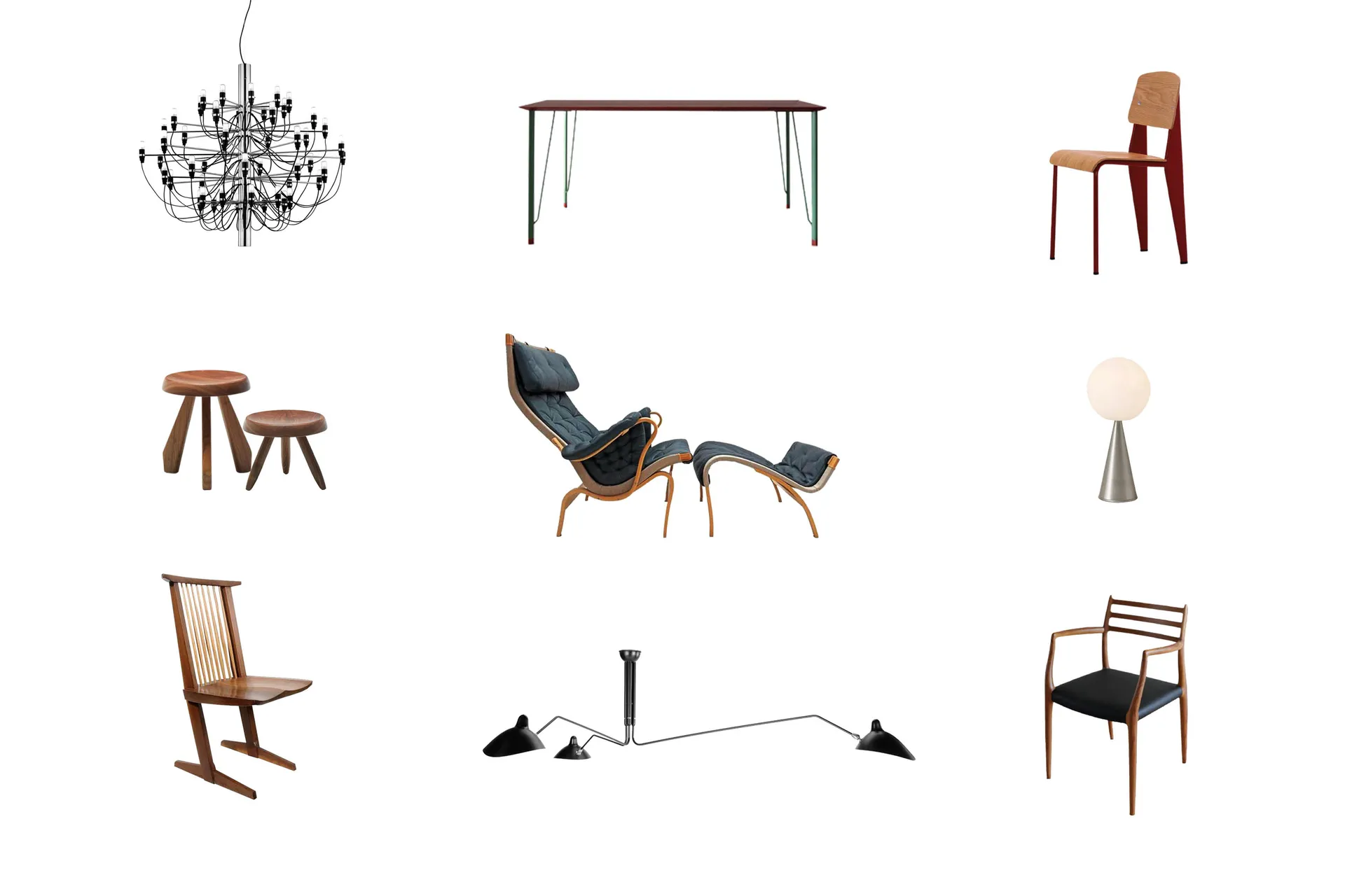 Modern furniture and lamps including a chandelier, dining table, chair, stools, lounge chair, and floor lamps.