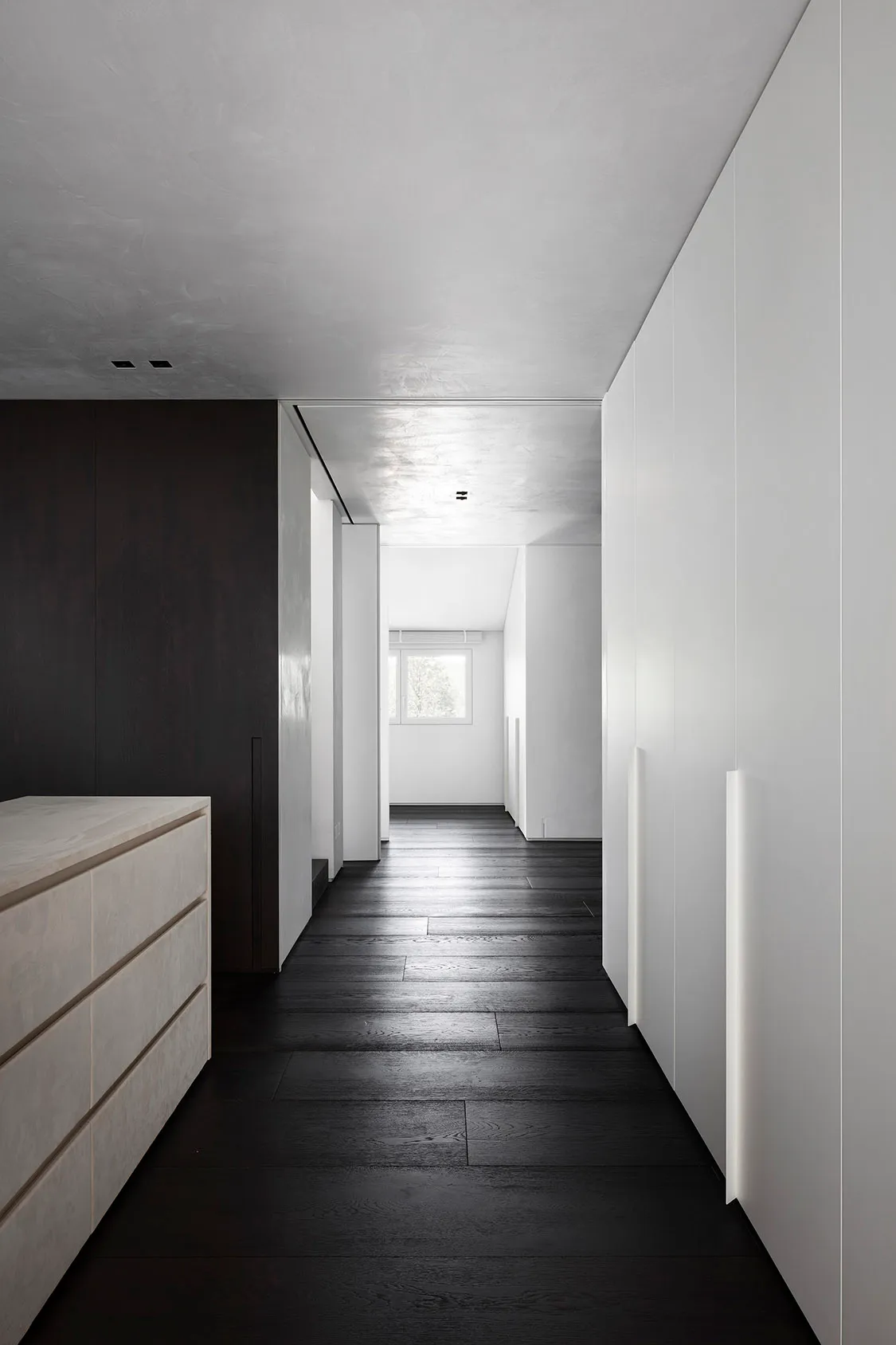 Modern minimalist hallway with blackwood floor and concrete walls.