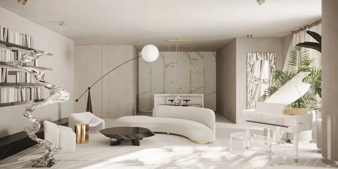 Modern living room with a curved sofa, marble and glass materials, and a grand piano.