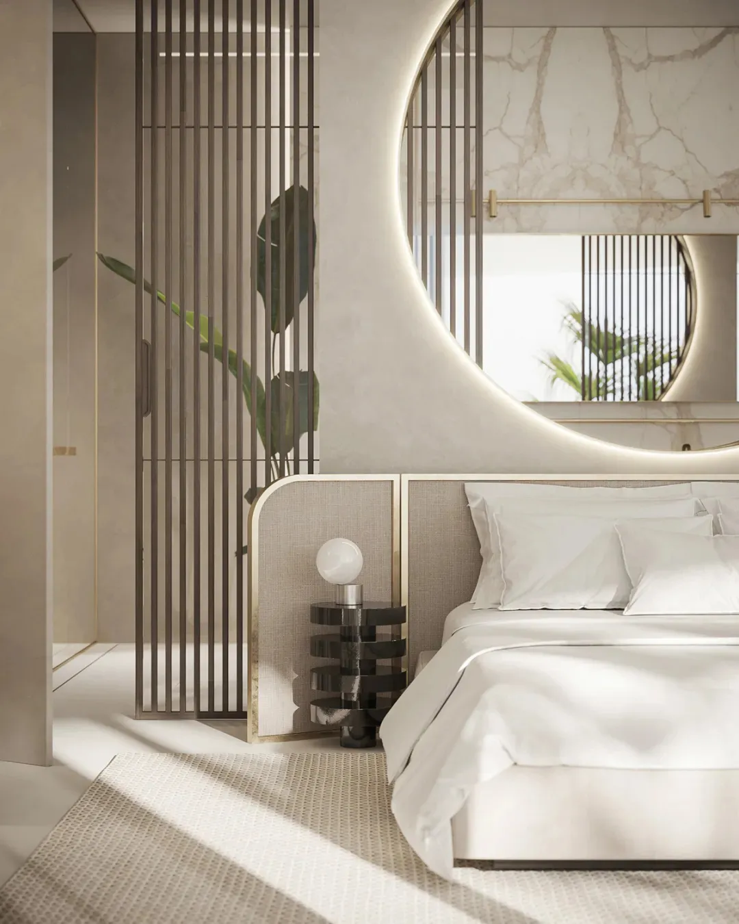 A minimalist bedroom featuring a metal headboard, marble accent wall, and fabric upholstered bed.