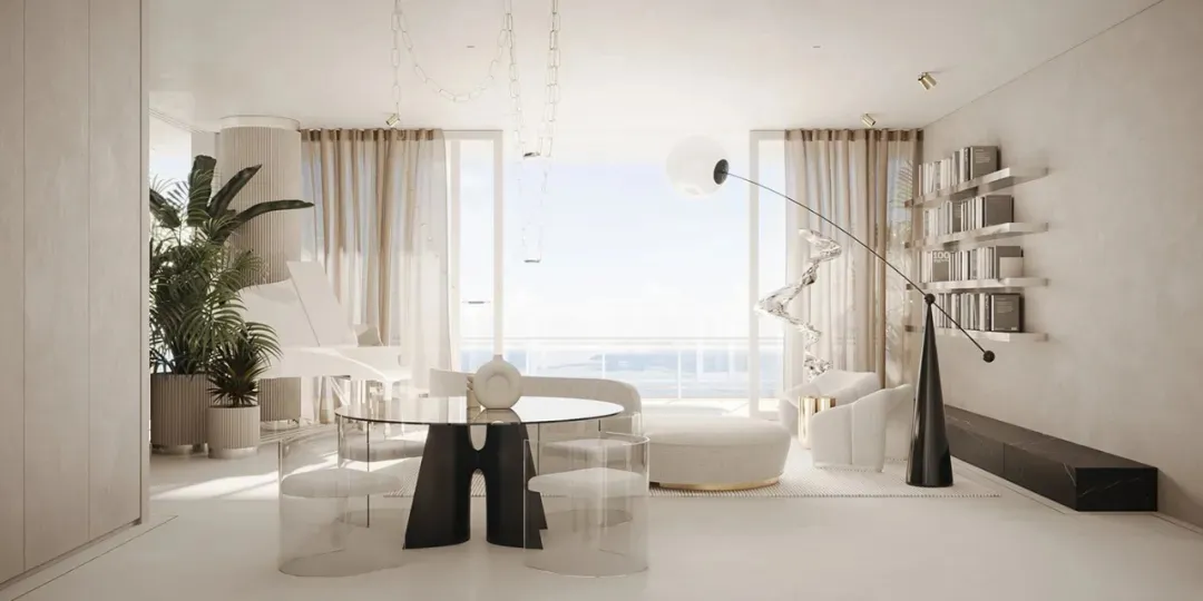 A modern minimalist living room featuring white furniture and a glass coffee table, with a white floor and large windows allo