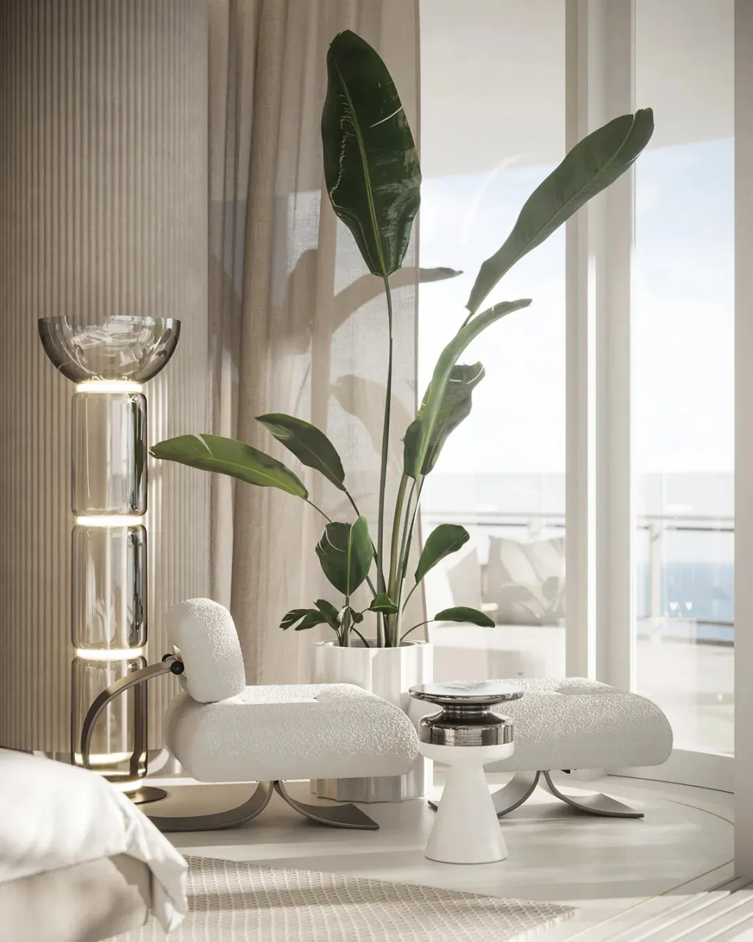 A modern minimalist living room with white fabric furniture, a glass lamp, and a floor-to-ceiling glass window.