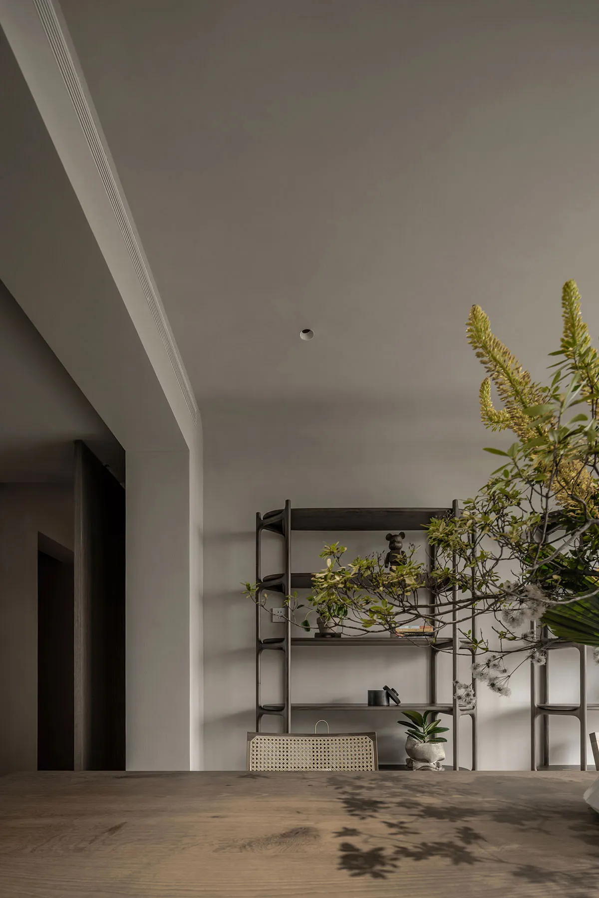 A modern minimalist living room with wooden flooring, metal shelving, and potted plants.