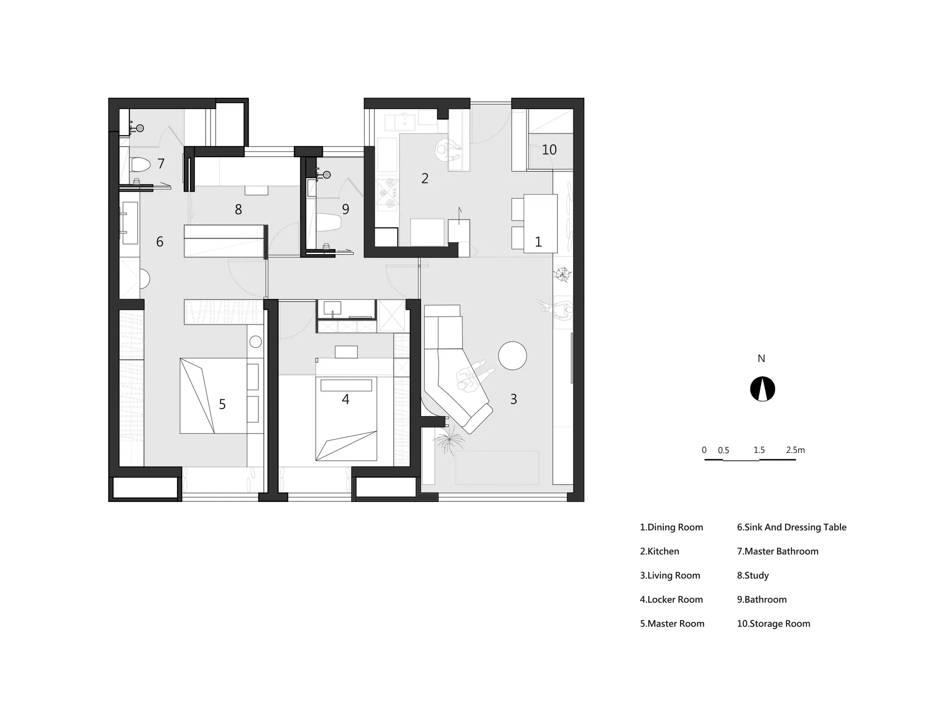 Floor plan of a modern minimalist living space with a dining room, kitchen, living room, study, locker room, and master room