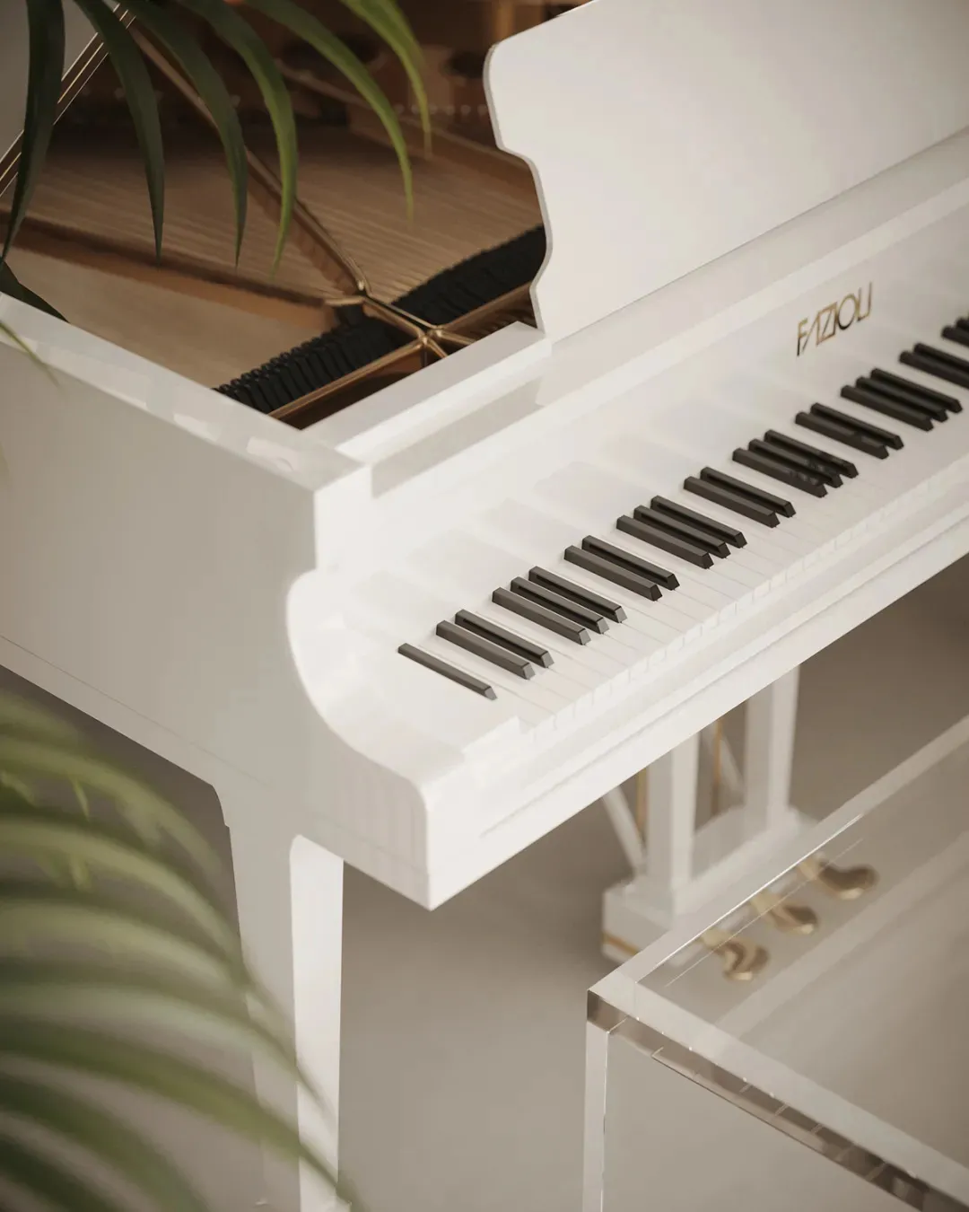 A white grand piano with black keys and gold accents, featuring a clear side panel and plant decoration.