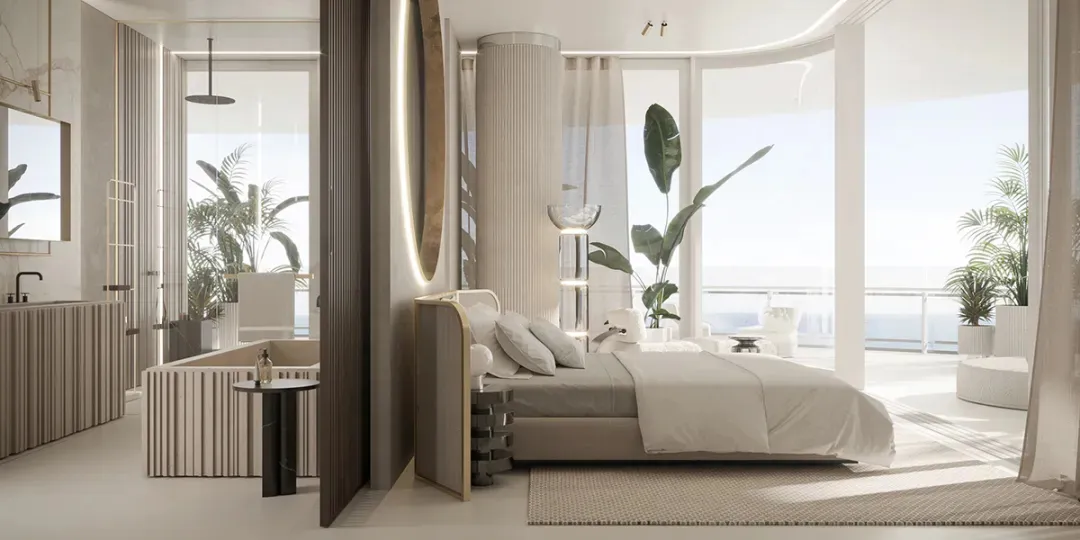 A modern, luxurious bedroom featuring minimalistic furniture, large windows with a view of the ocean, and potted plants addin