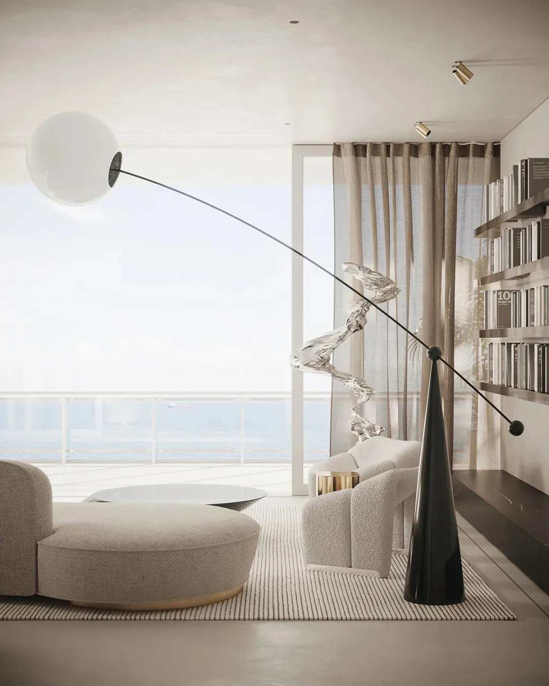 Modern living room featuring a circular seating area, glass floor lamp, and bookshelf with books.