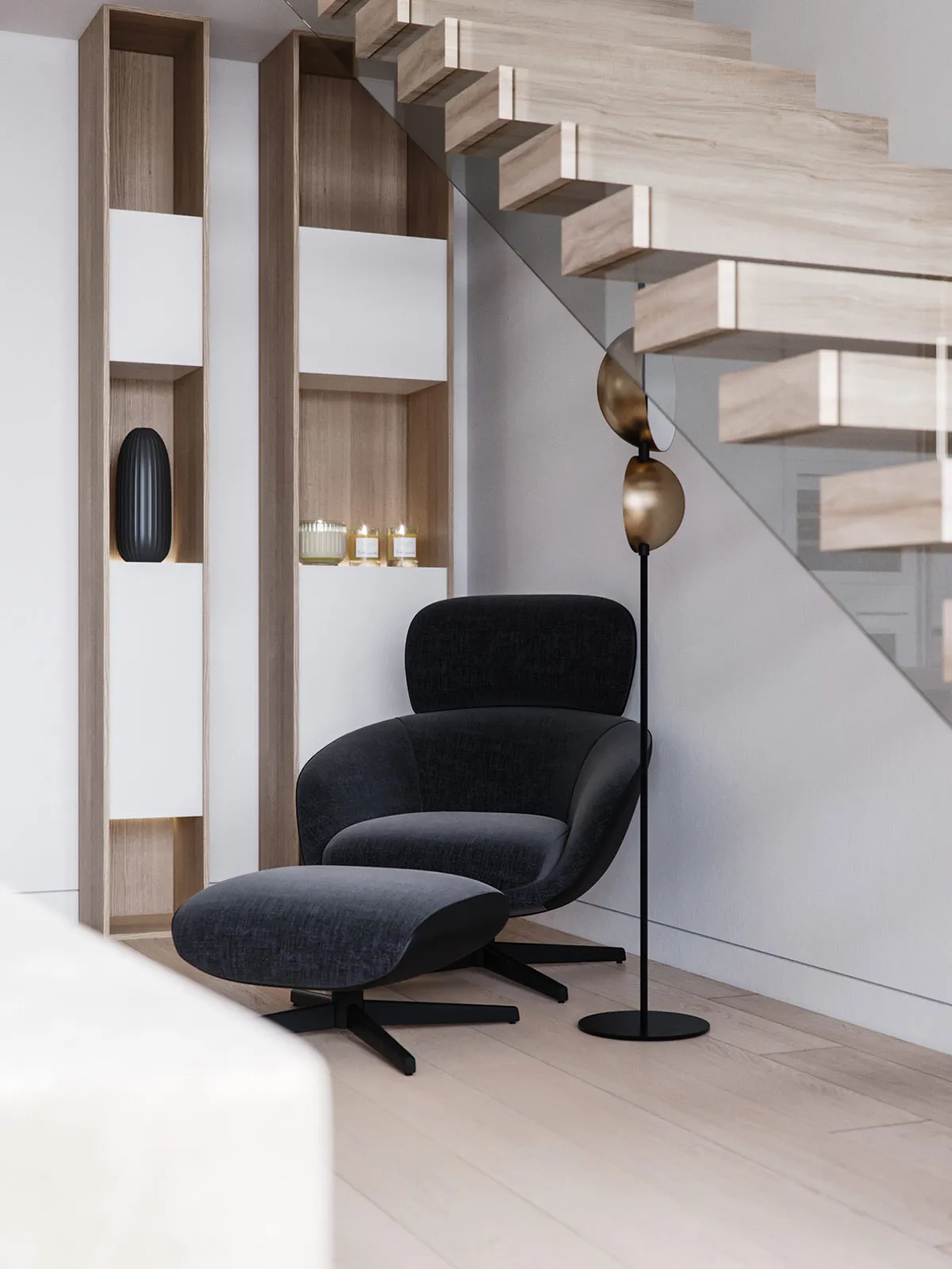 Modern interior design featuring a spacious living room with a wooden staircase