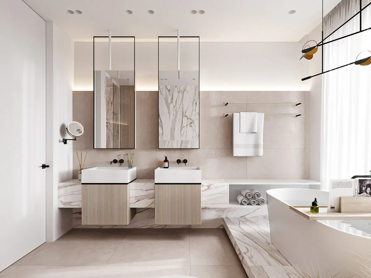 A minimalist bathroom with marble surfaces, including a double sink vanity, a bathtub, and a mirror.