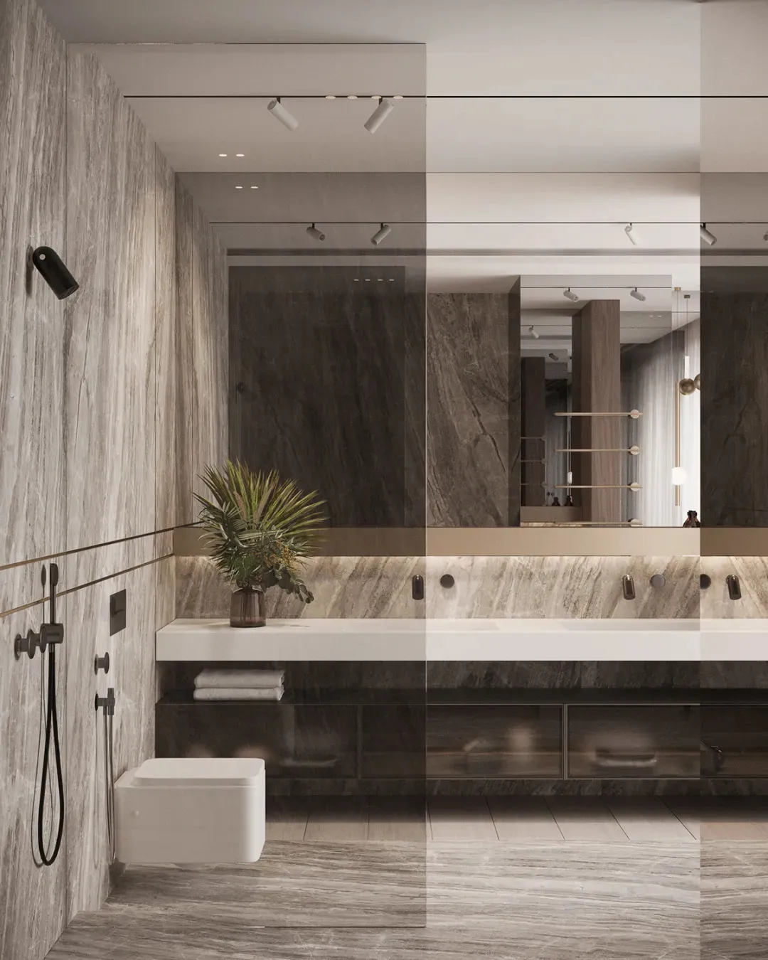 Modern bathroom with marble walls and floor tiles, floating vanity, and multiple sinks.