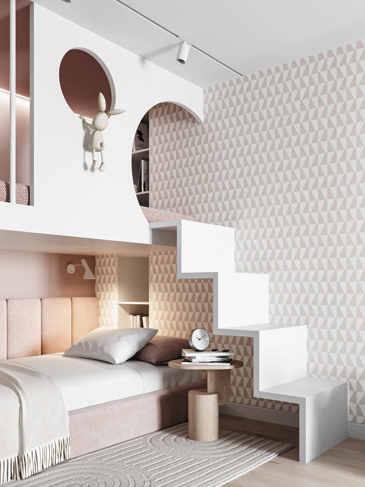 A modern minimalist bedroom with a white bunk bed, arches, and geometric patterns on the walls.