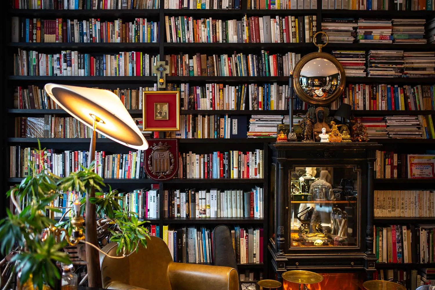 A cozy library filled with bookshelves filled with various books and decorative items.