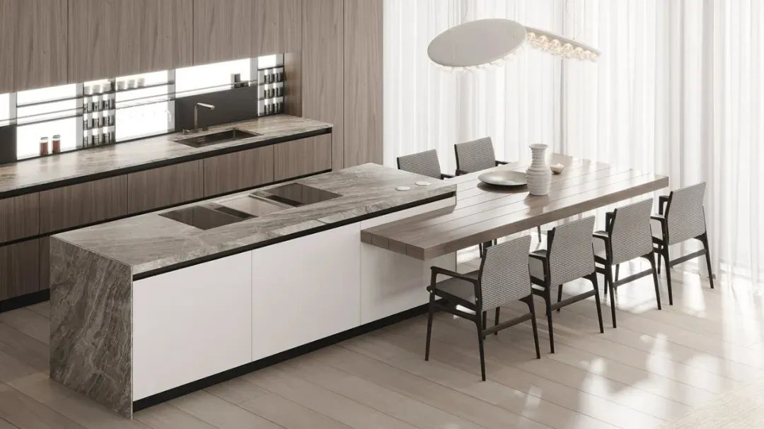 Modern industrial kitchen with marble countertops and wooden cabinets.