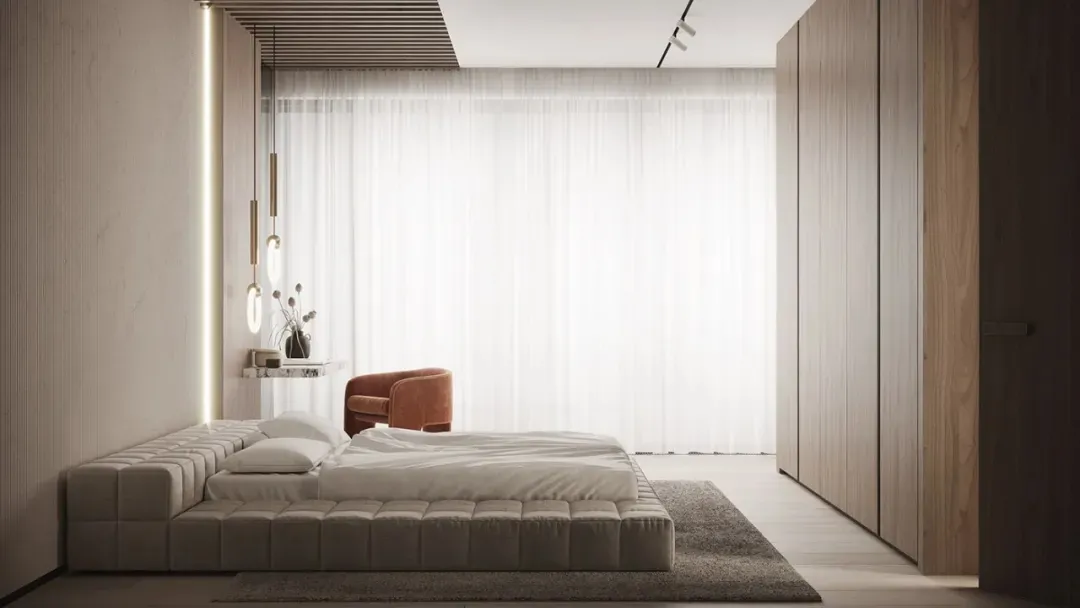 A modern, minimalist bedroom featuring a white tufted bed, light wood cabinetry, and a combination of minimalist and industri
