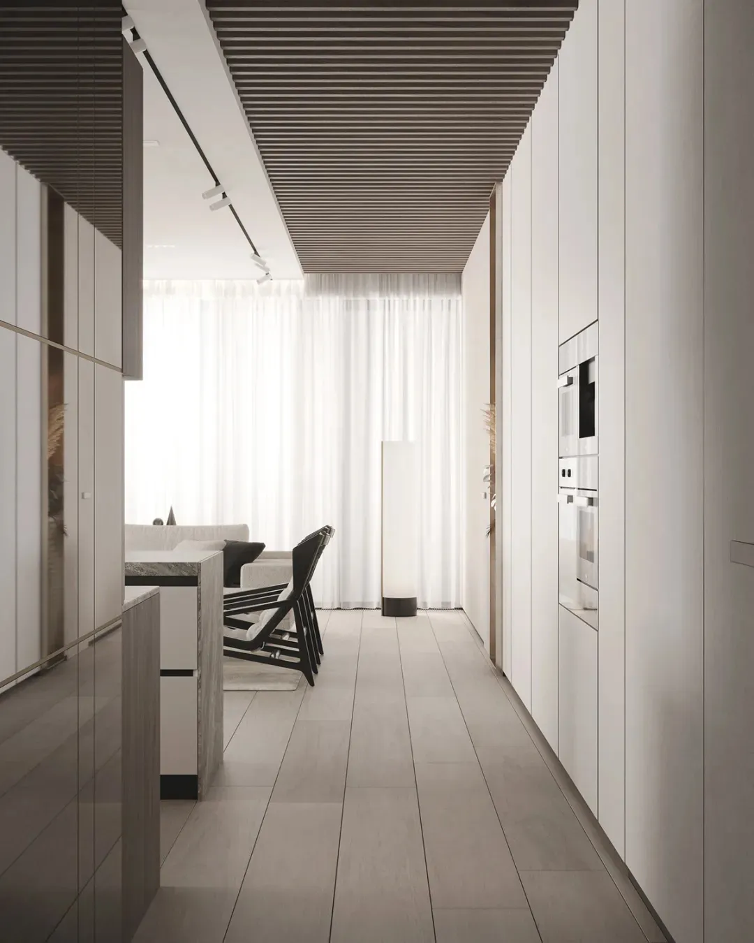 Modern residential kitchen with concrete flooring, furniture, and appliances