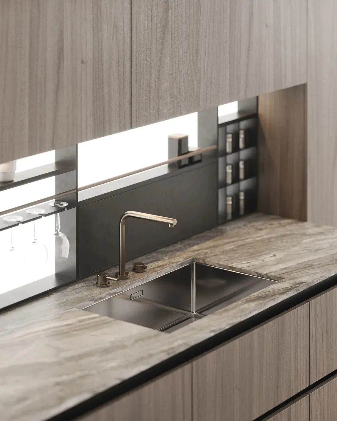 Modern residential kitchen with marble countertops and sink.