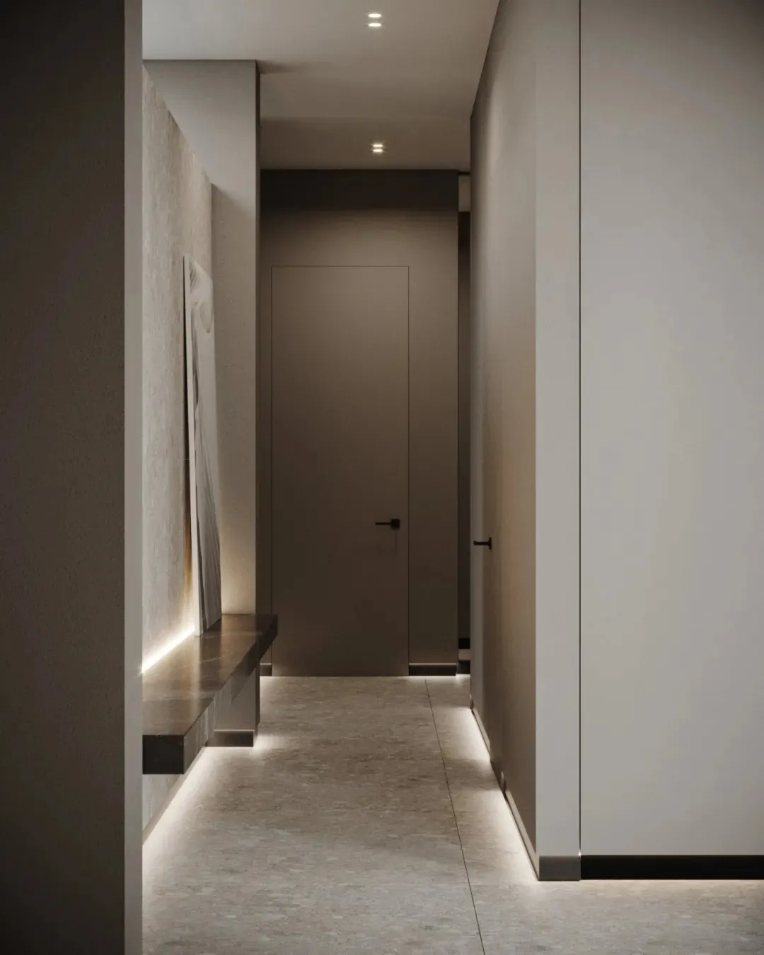 A minimalist corridor with concrete walls, floor, and ceiling.