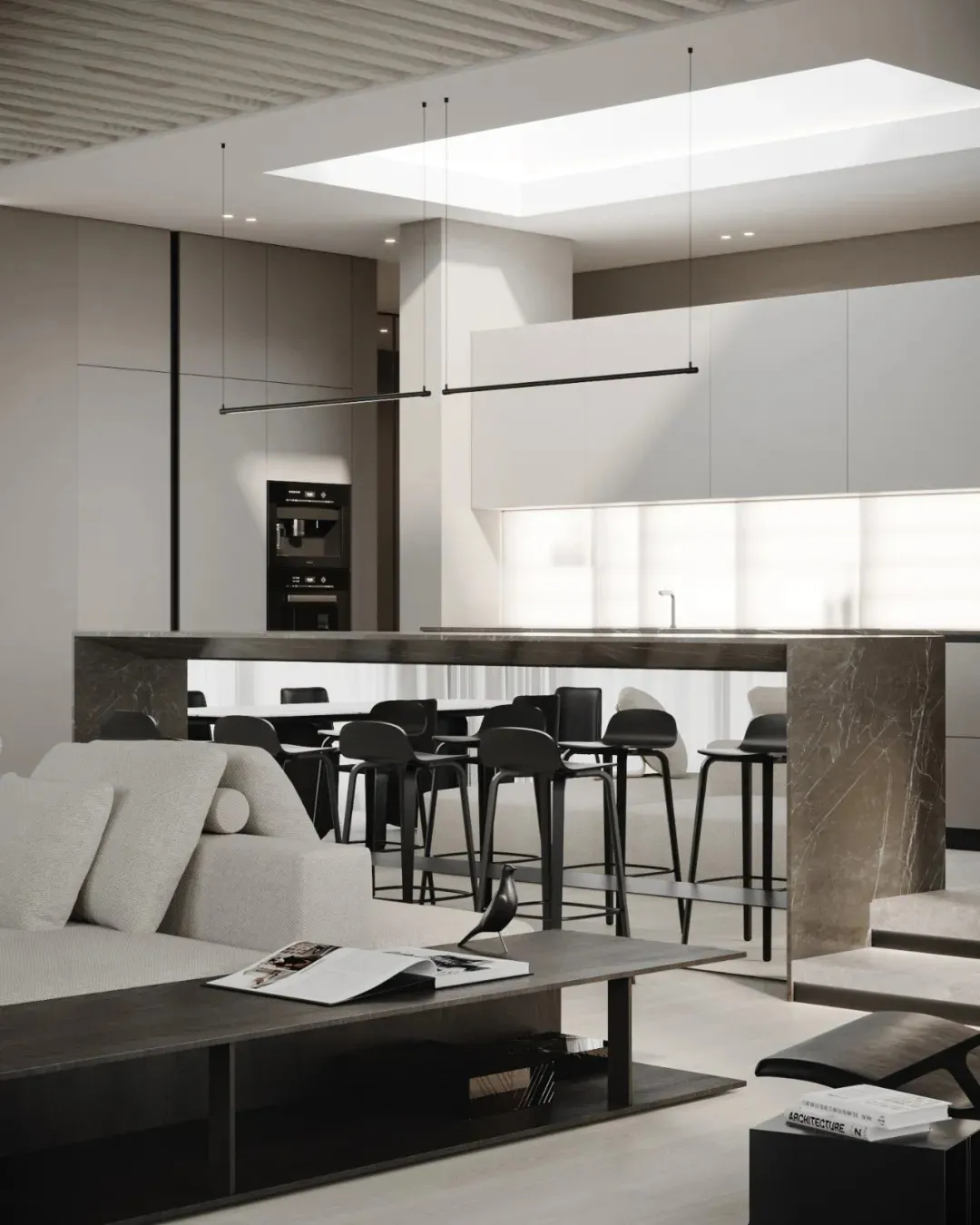 A modern living room with a marble floor and wooden furniture.