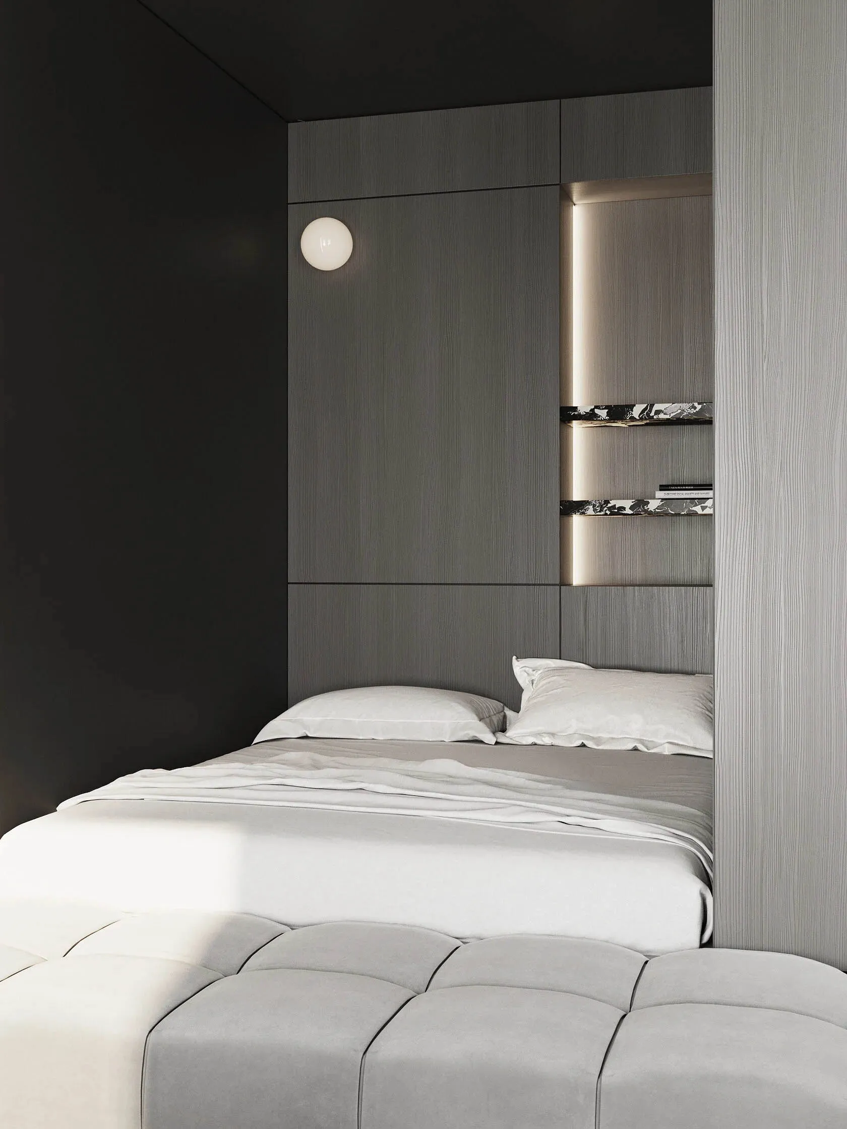 Modern minimalist bedroom featuring wooden panels on the wall and a sleek, clean design.