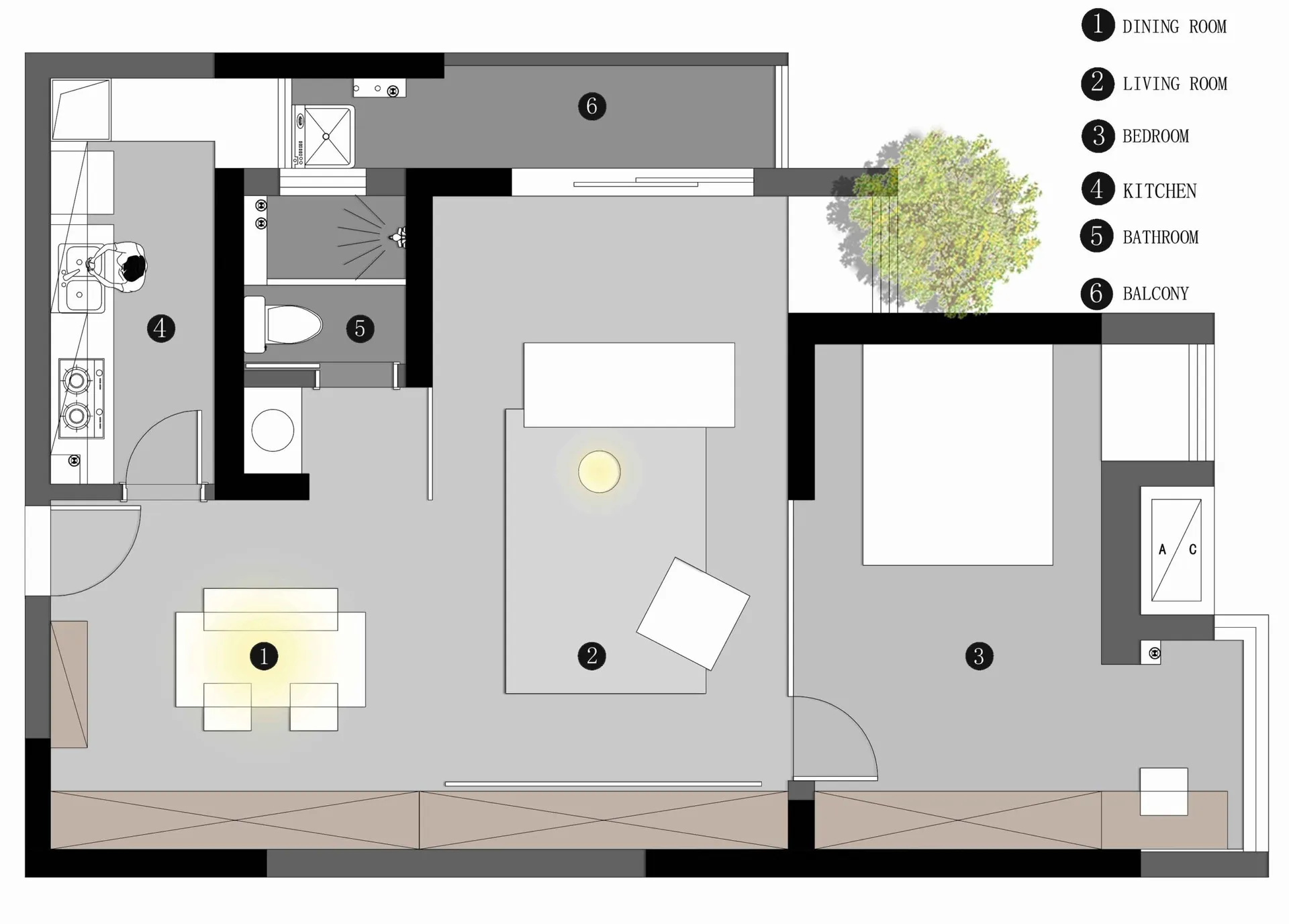 Floor plan diagram of a minimalist design in a small space with a designated living area, bedroom, kitchen, and balcony.