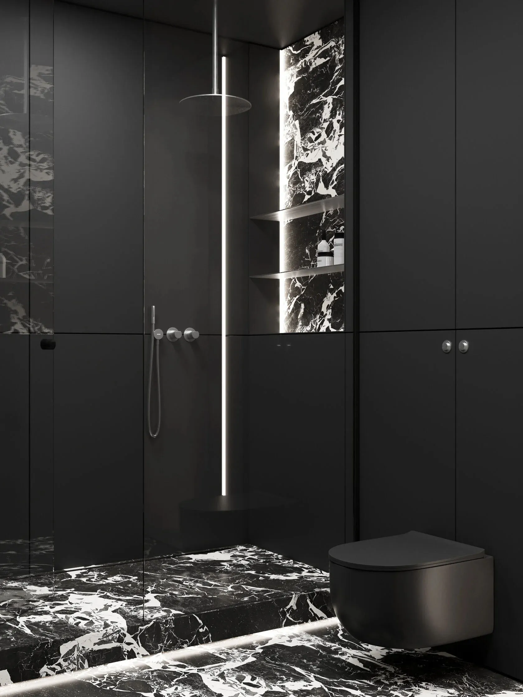 Black modern minimalist bathroom with marble tiles and fixtures.